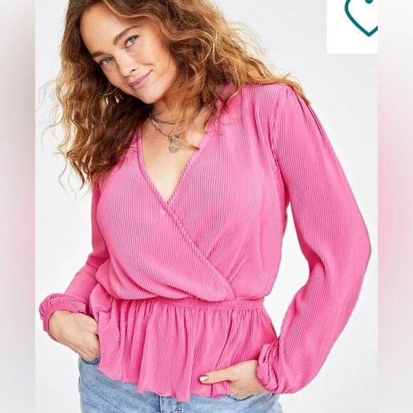 NWT ON.34th AZALEA PINK PLISSE SURPLICE NECK‎ PEPLUM TOP SIZE X-LARGE - Picture 1 of 11